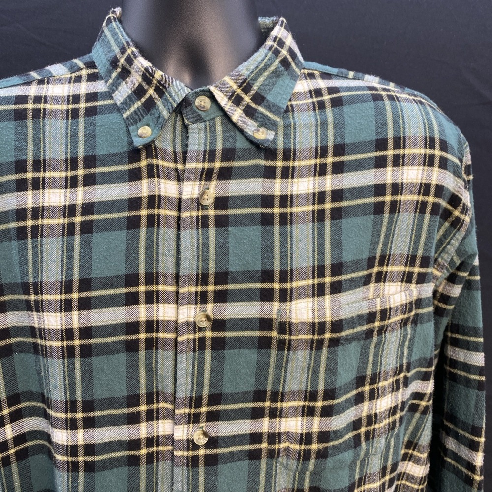 Woodland Trail Mens Green Plaid Flannel Button-Up Long Sleeve Shirt Size L
